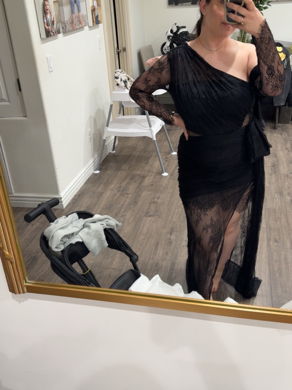 One-Shoulder Black Lace Evening Dress